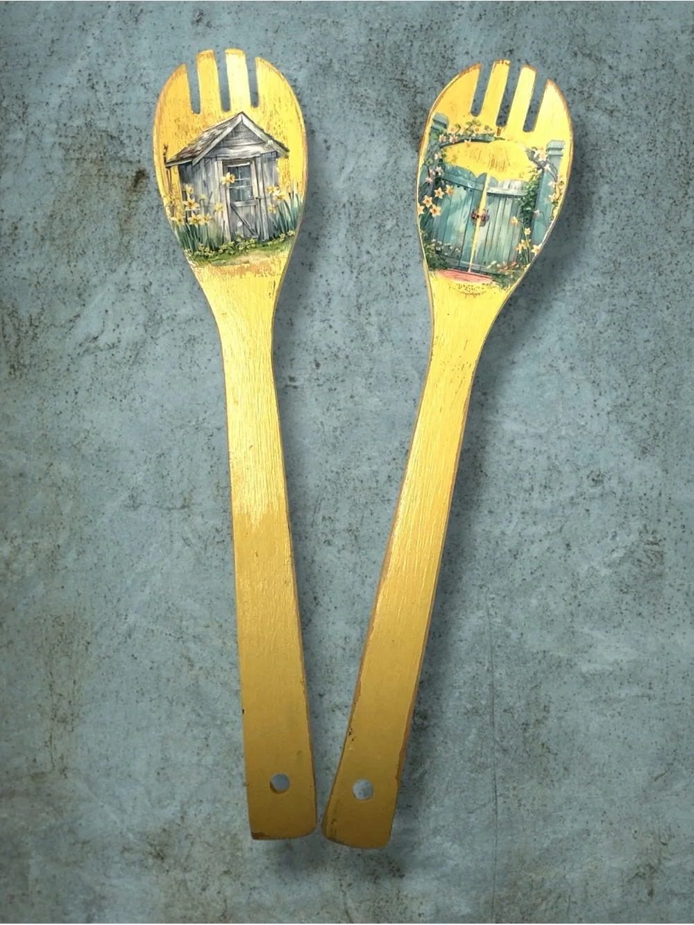 Vintage Folk Art Painted Wooden Utensils w/ Applied Decorative Cottage Cut-outs